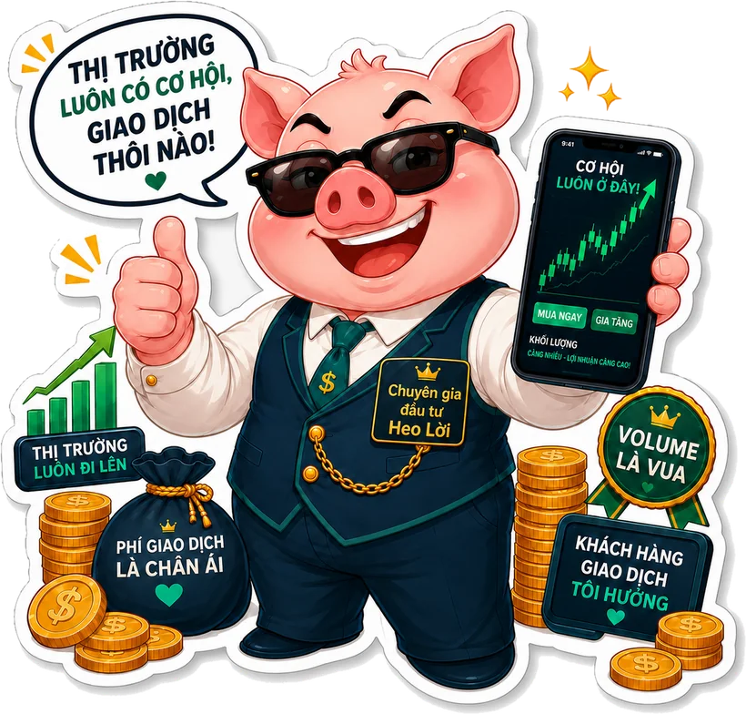 Chiên da tài chính Heo Lời: chú heo mặc vest, đứng giữa đống tiền xu và túi phí giao dịch